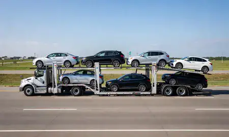 Multi-level car carrier on the highway to Plainfield, Indiana, United States