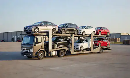 Car transporter loaded with vehicles in Plainfield, Indiana, United States