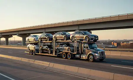 Car transporter with the Plainfield, Indiana, United States skyline behind it