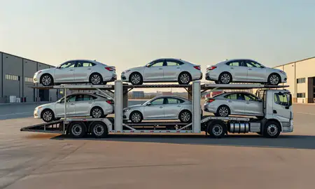 Car transporter parked in an industrial area of Portage, Indiana, United States