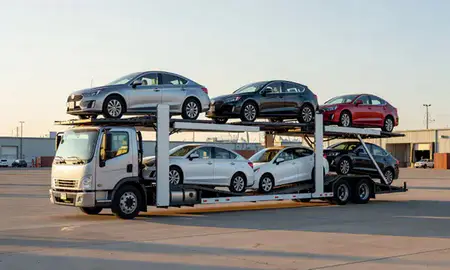 Car transporter loaded with vehicles in Portage, Indiana, United States