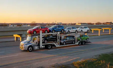 Car transporter with the Portage, Indiana, United States skyline behind it