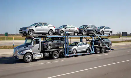 Multi-level car carrier on the highway to Richmond, Indiana, United States