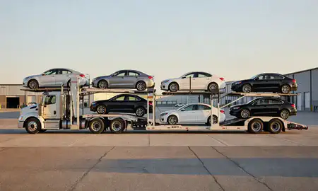 Car transporter parked in an industrial area of Richmond, Indiana, United States