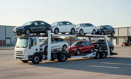 Car transporter loaded with vehicles in Richmond, Indiana, United States