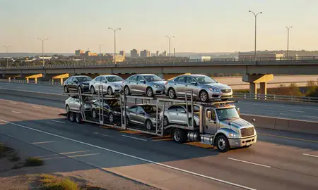 Car transporter with the Richmond, Indiana, United States skyline behind it