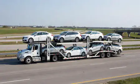 Multi-level car carrier on the highway to South Bend, Indiana, United States