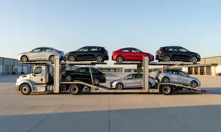 Car transporter parked in an industrial area of South Bend, Indiana, United States