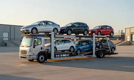 Car transporter loaded with vehicles in South Bend, Indiana, United States