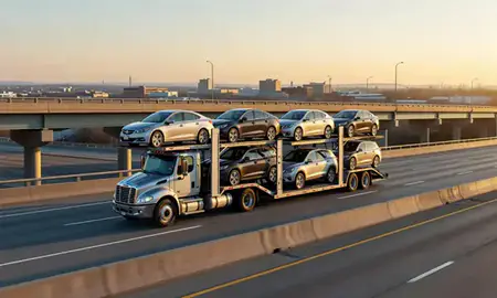 Car transporter with the South Bend, Indiana, United States skyline behind it