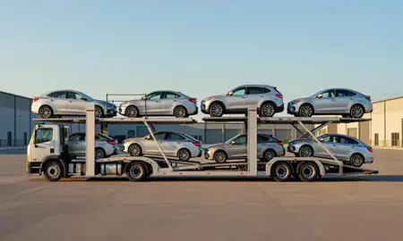 Car transporter parked in an industrial area of Terre Haute, Indiana, United States