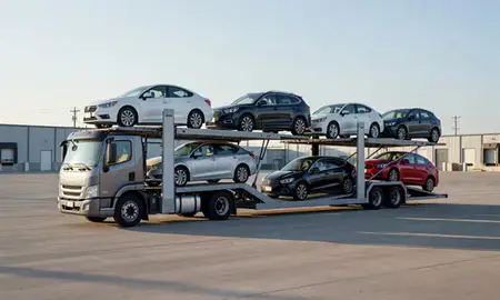 Car transporter loaded with vehicles in Terre Haute, Indiana, United States
