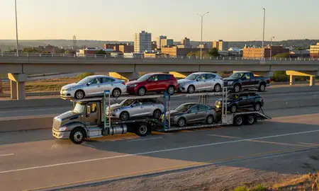 Car transporter with the Terre Haute, Indiana, United States skyline behind it