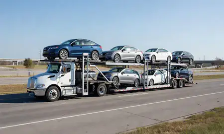 Multi-level car carrier on the highway to West Lafayette, Indiana, United States