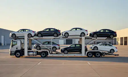 Car transporter parked in an industrial area of West Lafayette, Indiana, United States