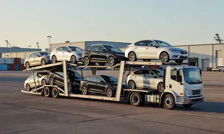 Car transporter loaded with vehicles in West Lafayette, Indiana, United States