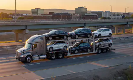Car transporter with the West Lafayette, Indiana, United States skyline behind it