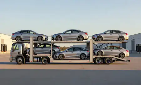 Car transporter parked in an industrial area of Westfield, Indiana, United States