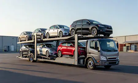 Car transporter loaded with vehicles in Westfield, Indiana, United States