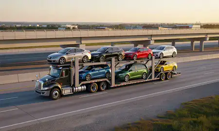 Car transporter with the Westfield, Indiana, United States skyline behind it