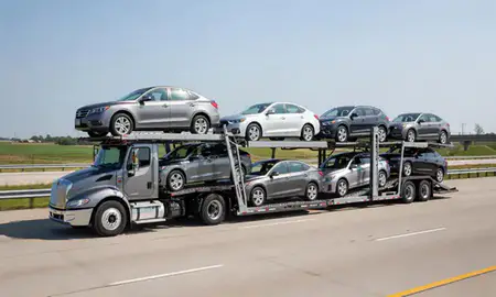Multi-level car carrier on the highway to Iowa, United States