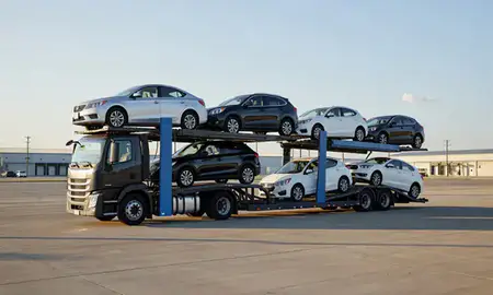 Car transporter loaded with vehicles in Iowa, United States