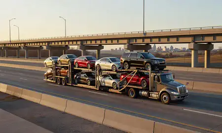Car transporter with the Iowa, United States skyline behind it