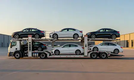 Car transporter parked in an industrial area of Altoona, Iowa, United States