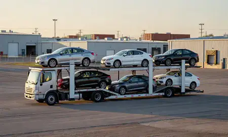 Car transporter loaded with vehicles in Altoona, Iowa, United States