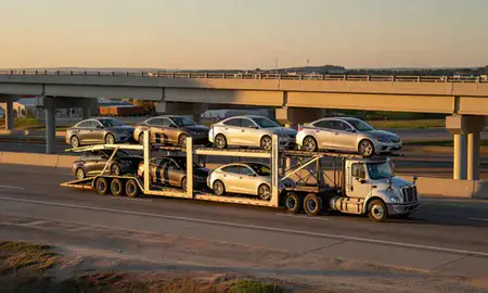 Car transporter with the Altoona, Iowa, United States skyline behind it