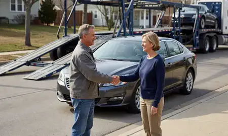 Vehicle owner beside their delivered car in Ames, Iowa, United States