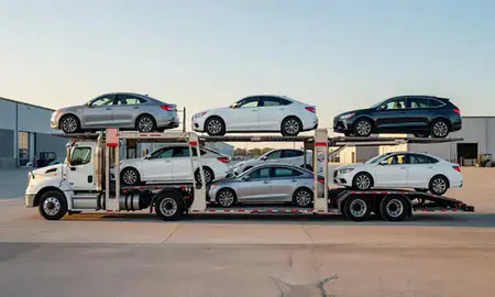 Car transporter parked in an industrial area of Ames, Iowa, United States
