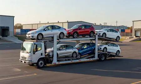 Car transporter loaded with vehicles in Ames, Iowa, United States