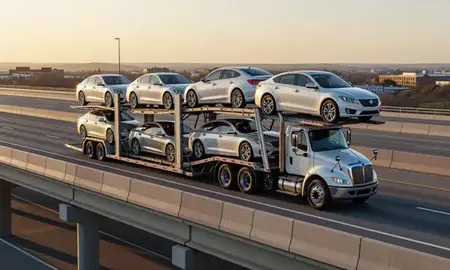 Car transporter with the Ames, Iowa, United States skyline behind it