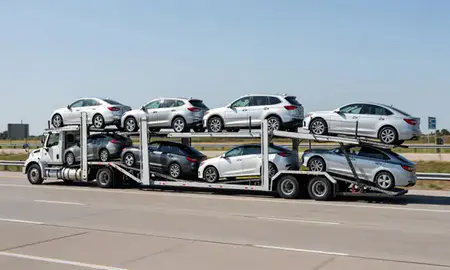 Multi-level car carrier on the highway to Ankeny, Iowa, United States
