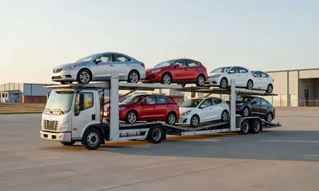 Car transporter loaded with vehicles in Ankeny, Iowa, United States