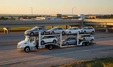 Car transporter with the Ankeny, Iowa, United States skyline behind it