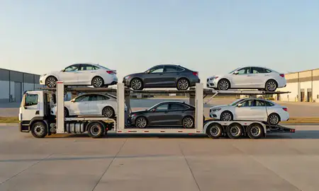 Car transporter parked in an industrial area of Bettendorf, Iowa, United States