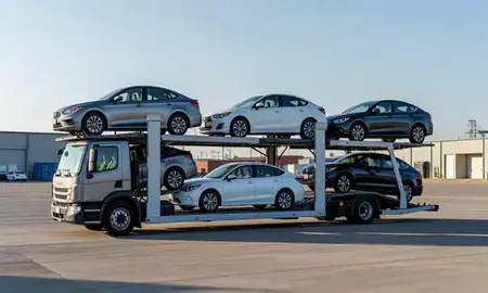 Car transporter loaded with vehicles in Bettendorf, Iowa, United States