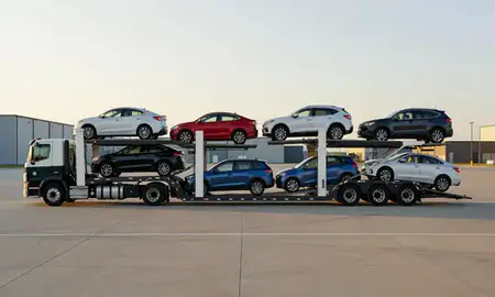 Car transporter parked in an industrial area of Burlington, Iowa, United States