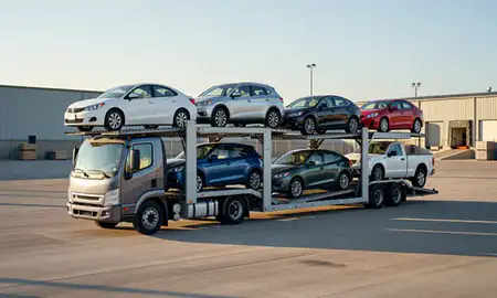 Car transporter loaded with vehicles in Burlington, Iowa, United States