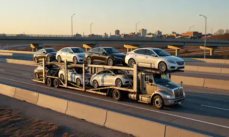 Car transporter with the Burlington, Iowa, United States skyline behind it