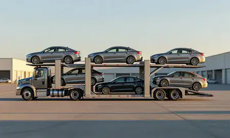 Car transporter parked in an industrial area of Cedar Falls, Iowa, United States