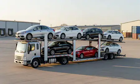 Car transporter loaded with vehicles in Cedar Falls, Iowa, United States