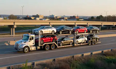 Car transporter with the Cedar Falls, Iowa, United States skyline behind it