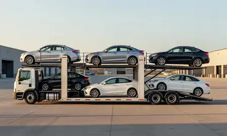 Car transporter parked in an industrial area of Cedar Rapids, Iowa, United States