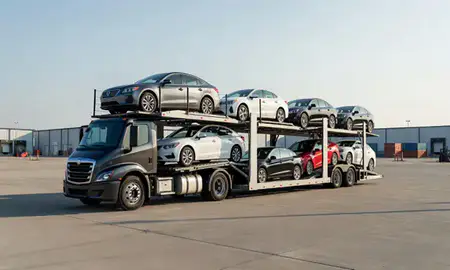 Car transporter loaded with vehicles in Cedar Rapids, Iowa, United States