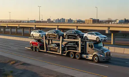 Car transporter with the Cedar Rapids, Iowa, United States skyline behind it