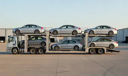 Car transporter parked in an industrial area of Clinton, Iowa, United States