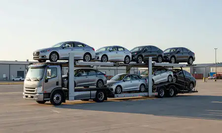 Car transporter loaded with vehicles in Clinton, Iowa, United States